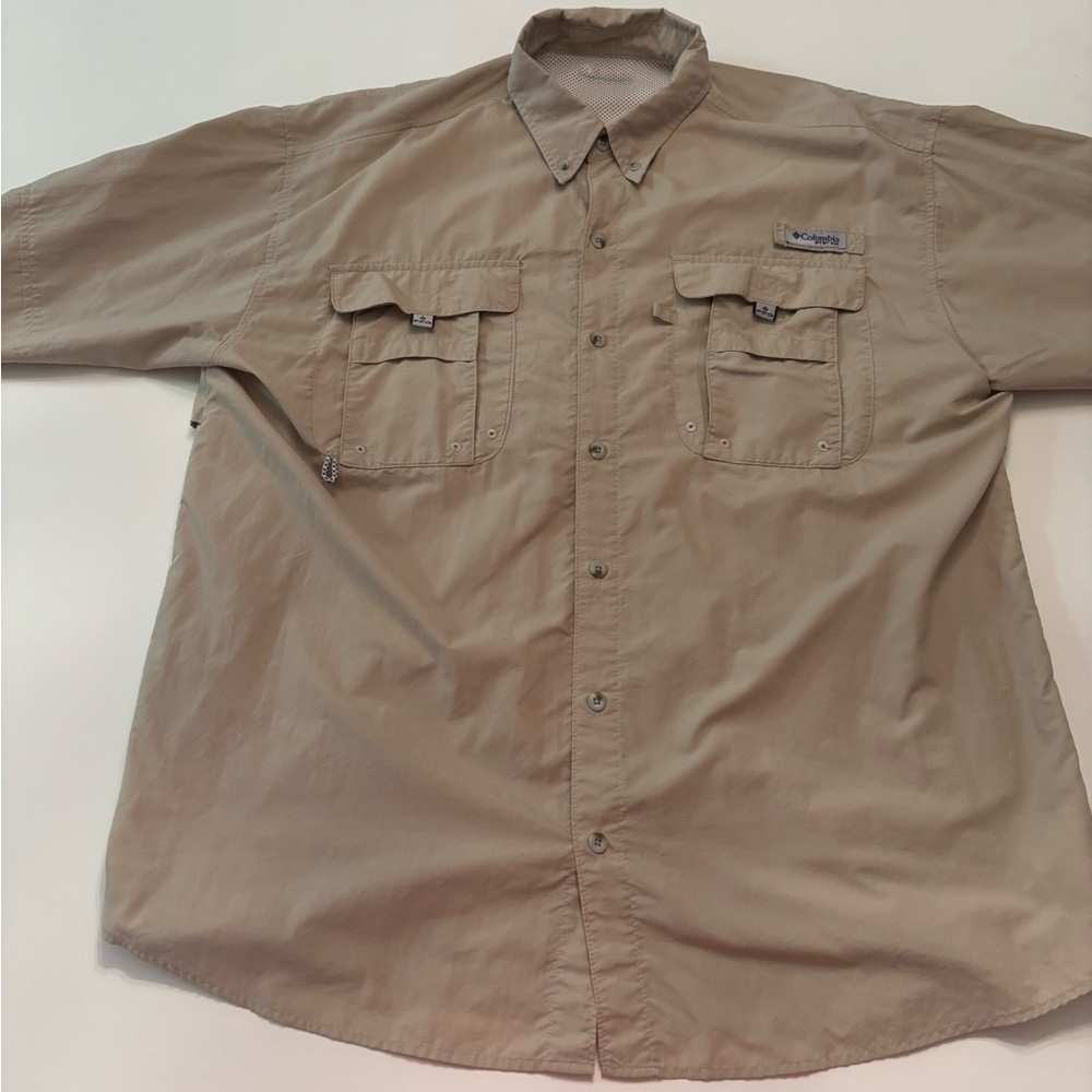 Columbia PFG Omni-Shade Fishing Shirt Mens XL Long Sleeve Tan Vented UPF